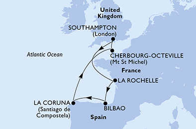 MSC Virtuosa - 7 éjszakás hajóút az Atlanti-óceán partján Southampton-ból