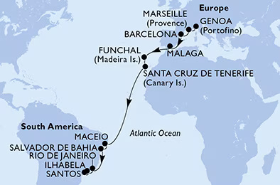 MSC Grandiosa - 21 éjszakás transzatlanti hajóút Olaszországból Brazíliáig
