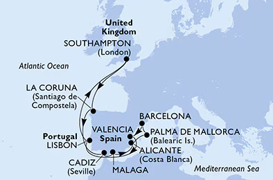 MSC Virtuosa - 14 éjszakás hajóút az Ibériai-félsziget körül Southamptonból