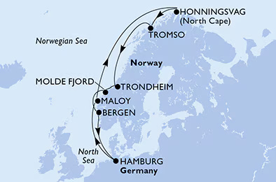 MSC Preziosa - 11 éjszakás hajóút Hamburgból norvég fjordokon át az Északi-fokig