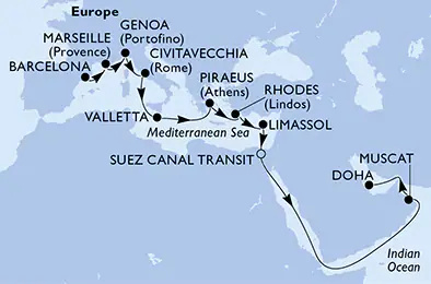 MSC World Europa - 20 éjszakás mediterrán hajóút Barcelona-ból Doha-ig